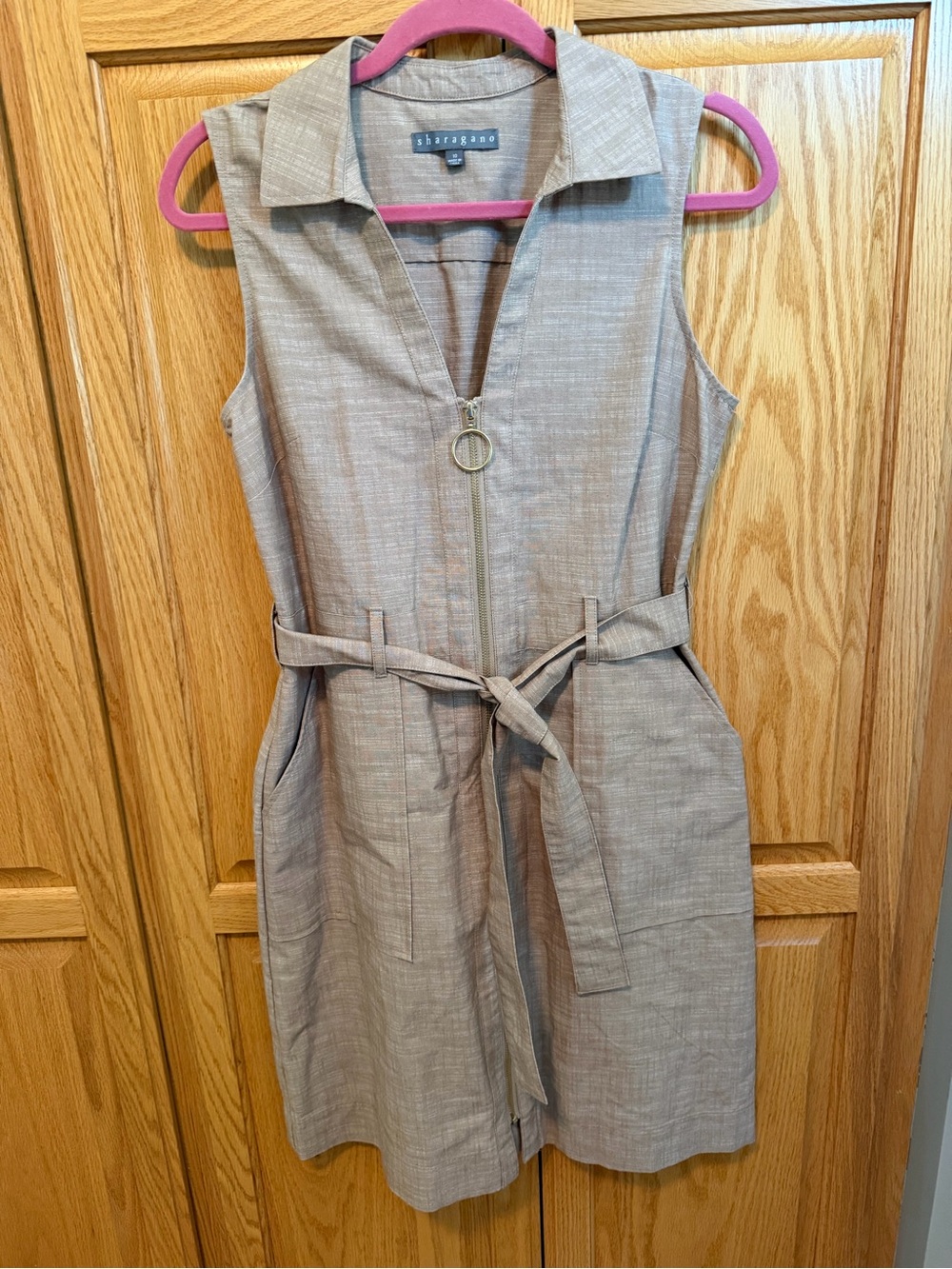 Sharagano Sleeveless Zip Front Belted Dress in Light Taupe - Size 10